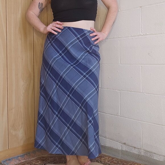 y2k Preppy Western Coastal Office Siren Cowgirl Blue Plaid Maxi Skirt - Picture 2 of 8